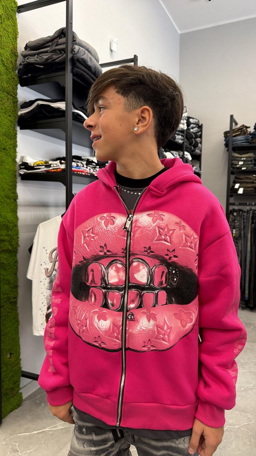 Felpa bocca rosa zip jr