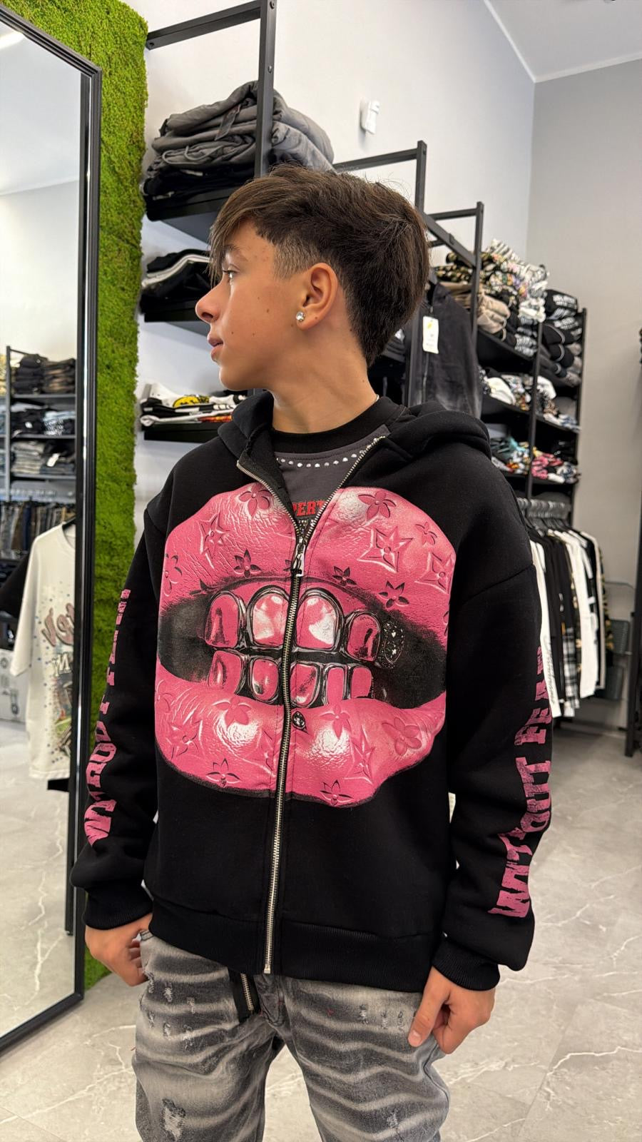 Felpa bocca rosa zip jr